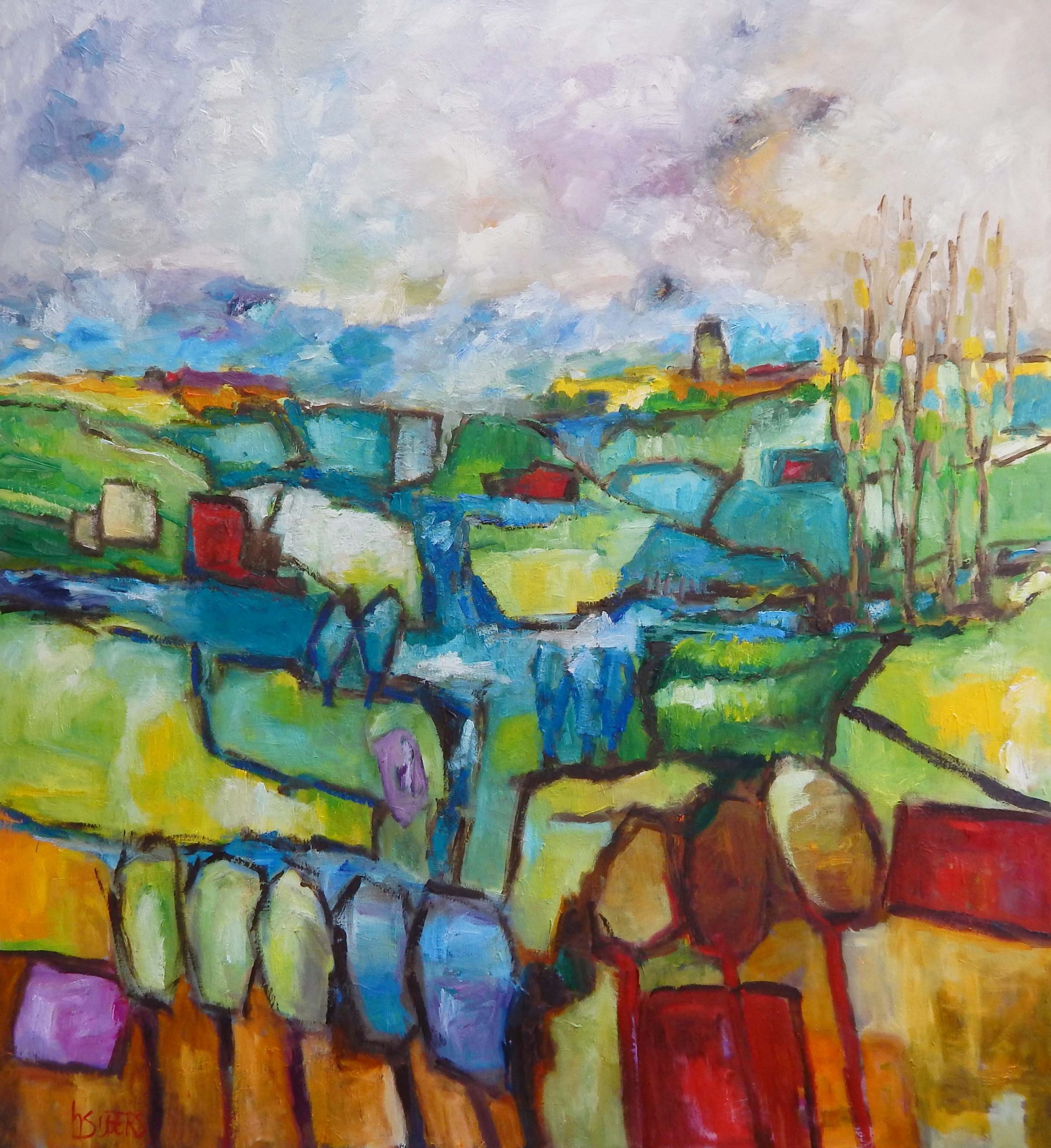 Landschap met toren gew 130x120cm olie op linnen.kl