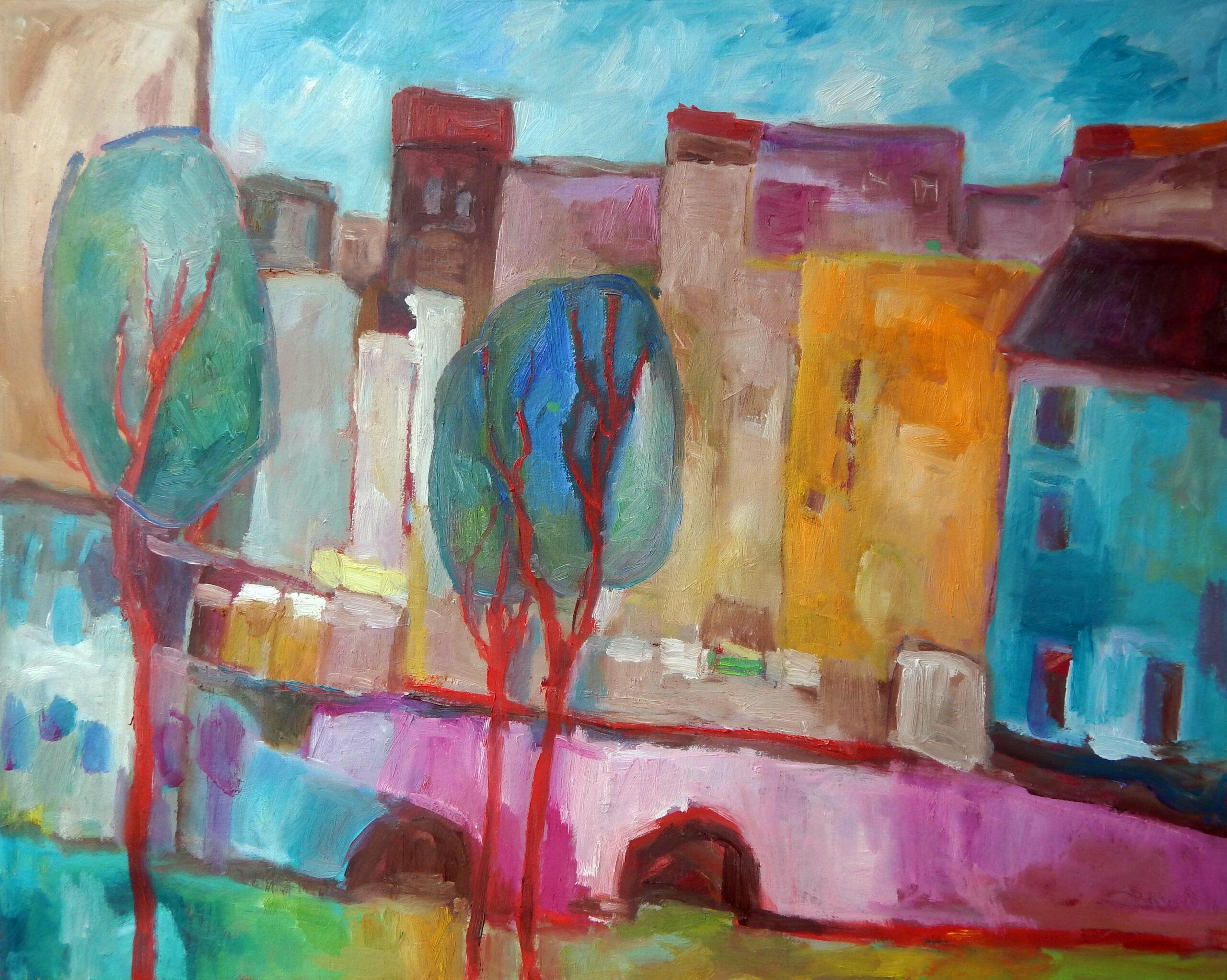 Stadsgezicht olieverf 65x80cm